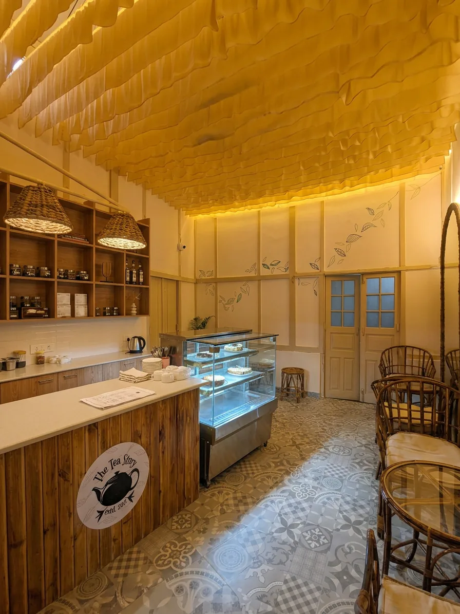 Twin arched mirrors framing rattan lounge seating beside the tea bar, reflecting the counter beyond